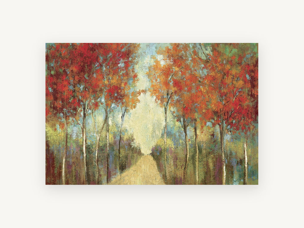 Russet Lane Walk, autumn tree path textured painting, landscape canvas wall art print, front view