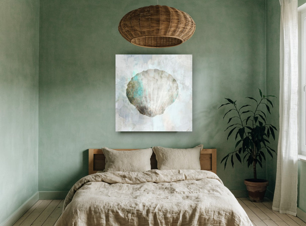 Pale Scallop Shell coastal canvas print on the wall of a bedroom