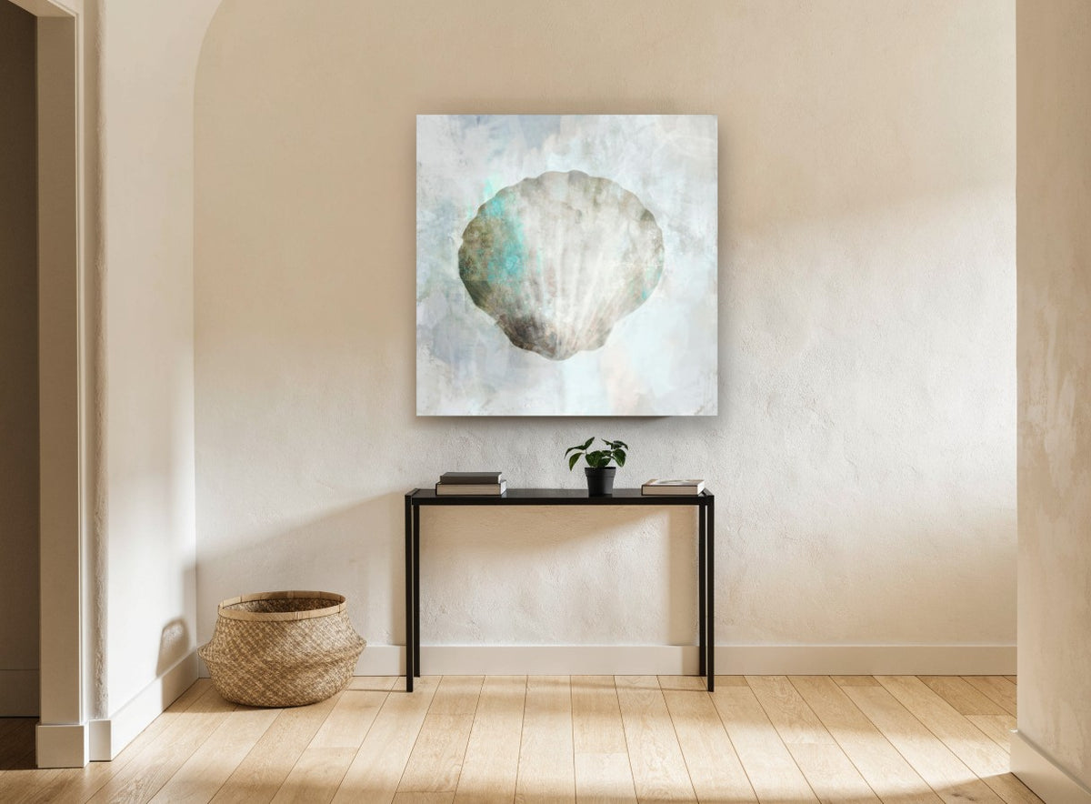 Pale Scallop Shell coastal canvas print on the wall of a hallway