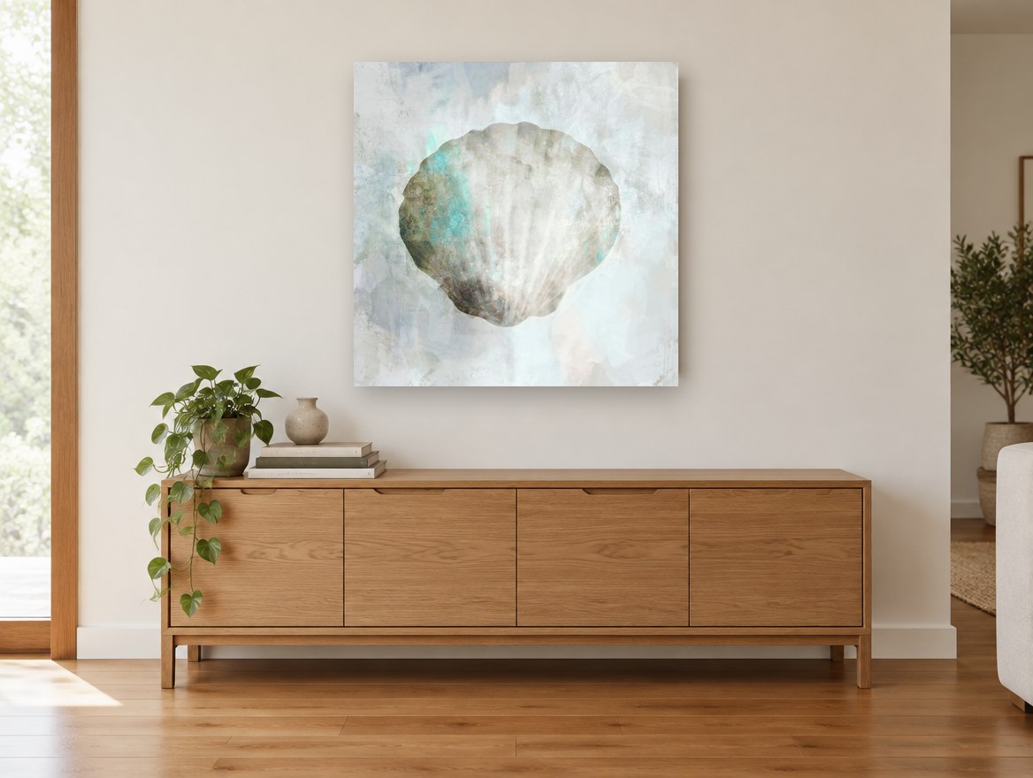 Pale Scallop Shell coastal canvas print on the wall of a living room above a sideboard