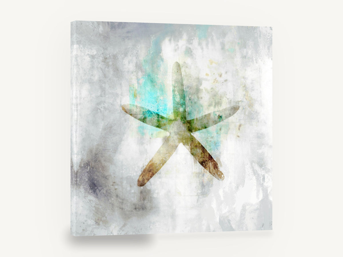 Aqua Starfish Silhouette, abstract starfish textured coastal, coastal canvas wall art print ready to hang