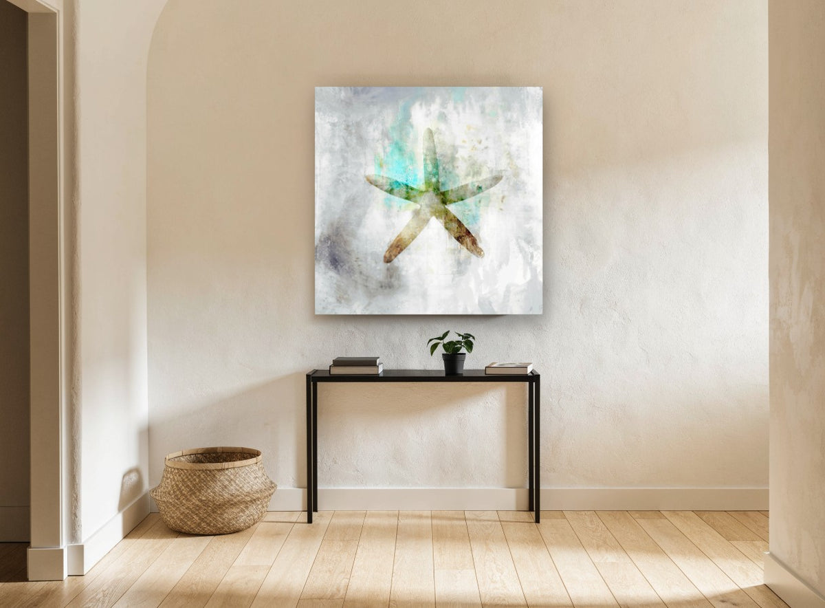Aqua Starfish Silhouette coastal canvas print on the wall of a hallway
