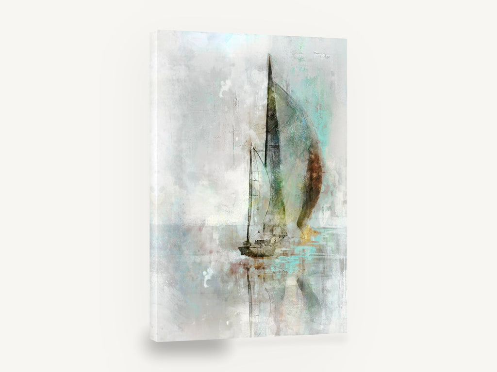 Misty Sail Reflection, abstract sailboat misty seascape art, coastal canvas wall art print ready to hang