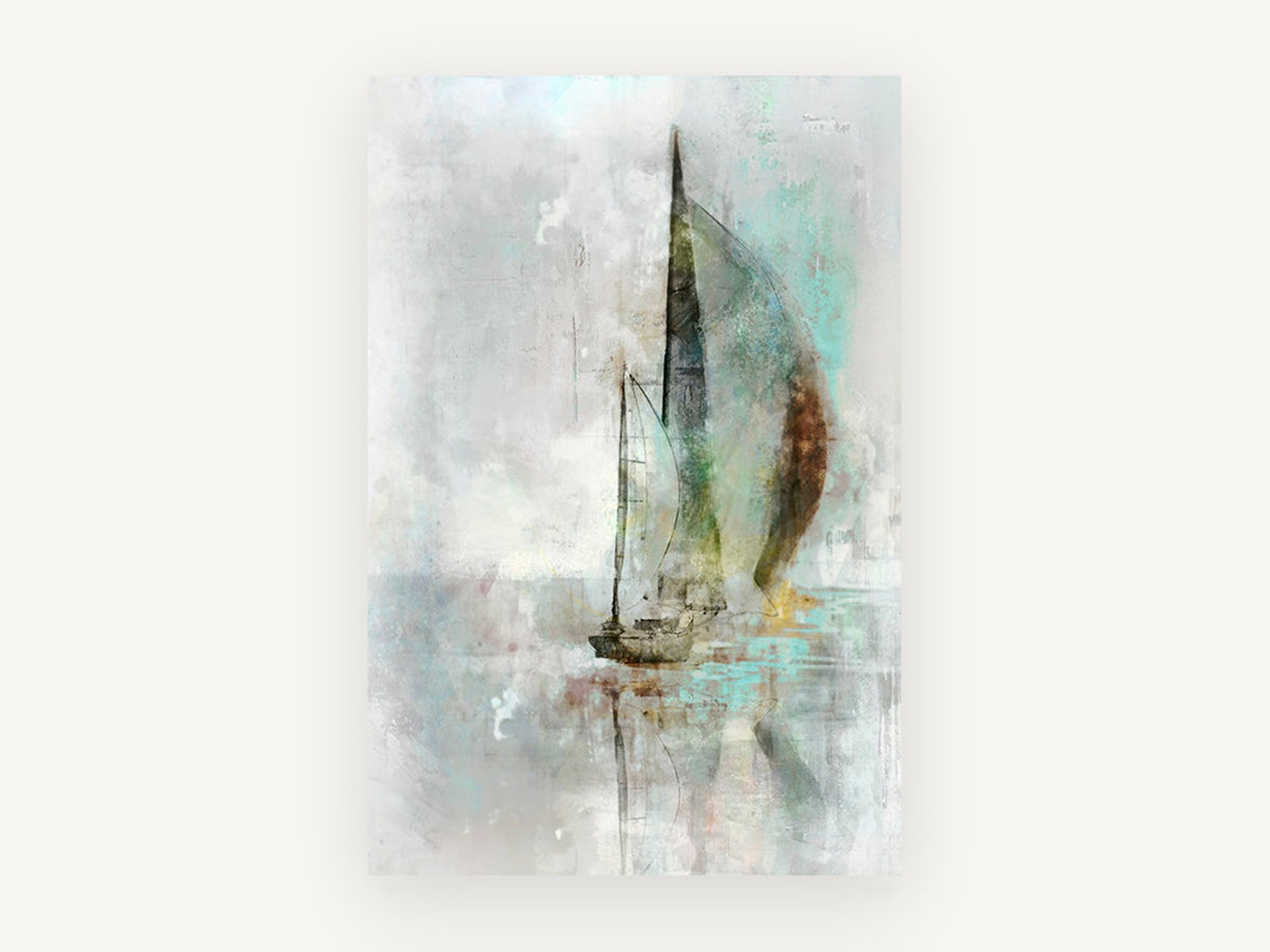 Misty Sail Reflection, coastal canvas wall art print, front view