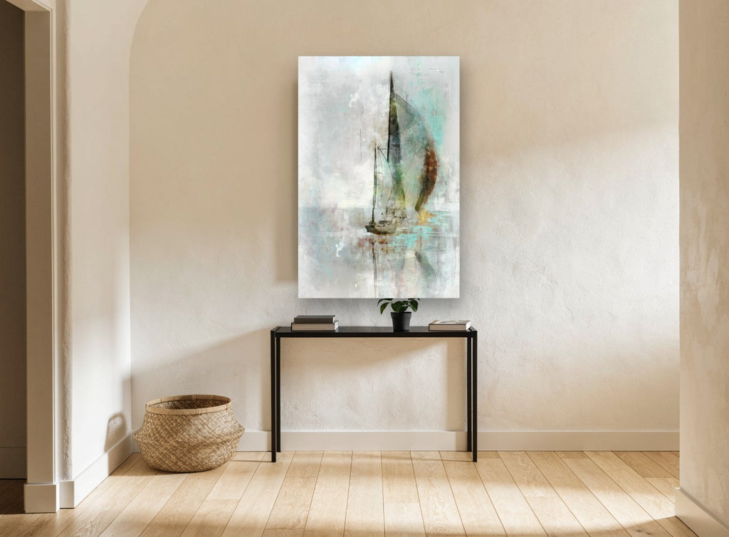 Misty Sail Reflection coastal canvas print on the wall of a hallway