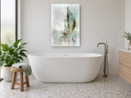Misty Sail Reflection coastal canvas print on the wall of a bathroom