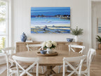 Low Tide Moorings coastal canvas print on the wall of a Hamptons dining room