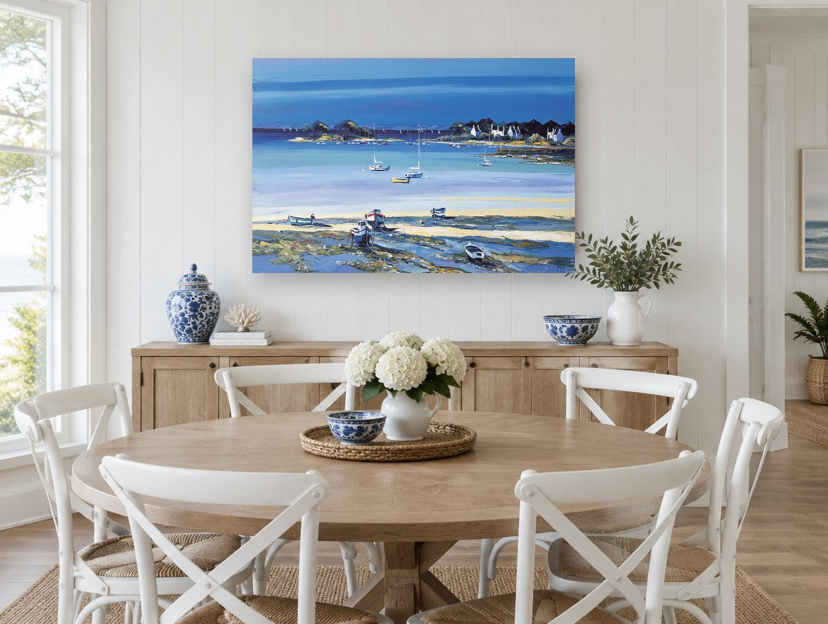 Low Tide Moorings coastal canvas print on the wall of a Hamptons dining room