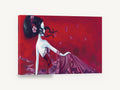 Crimson Blossom Reverie, woman in red with falling petals, floral canvas wall art print ready to hang