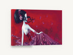 Crimson Blossom Reverie, woman in red with falling petals, floral canvas wall art print ready to hang