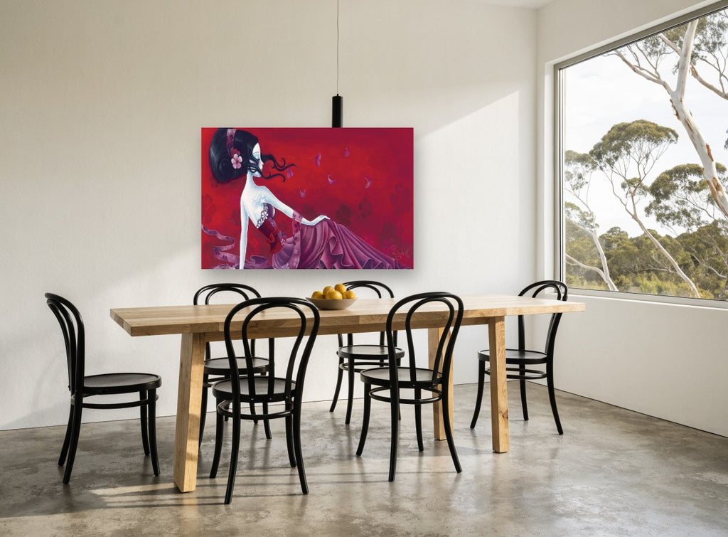 Crimson Blossom Reverie floral canvas print on the wall of a dining room