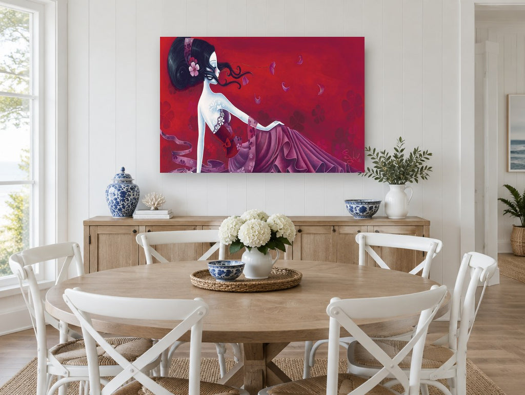 Crimson Blossom Reverie floral canvas print on the wall of a Hamptons dining room