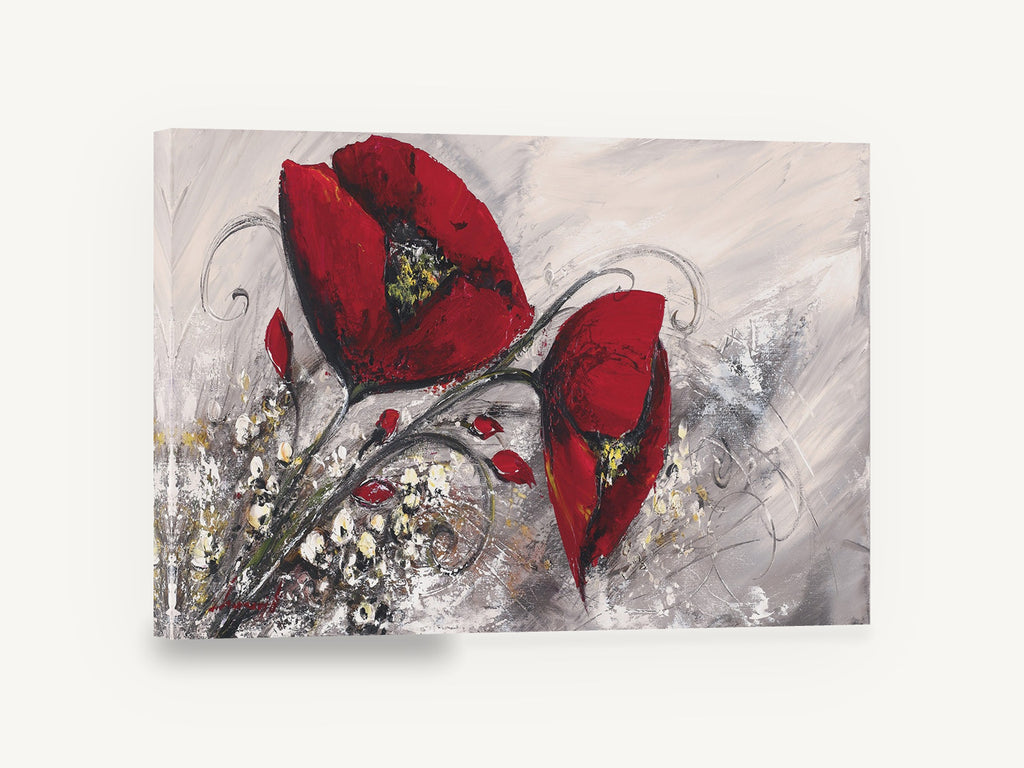 Crimson Poppies on Grey, red poppies grey textured floral painting, floral canvas wall art print ready to hang