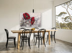 Crimson Poppies on Grey floral canvas print on the wall of a dining room