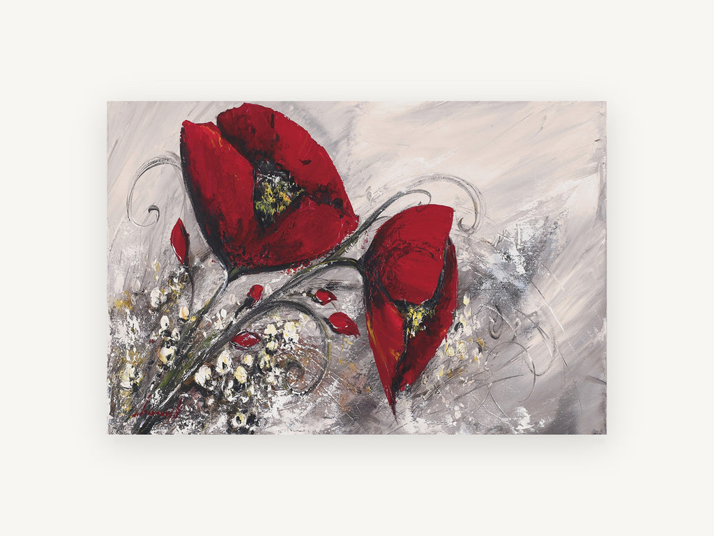 Crimson Poppies on Grey, floral canvas wall art print, front view