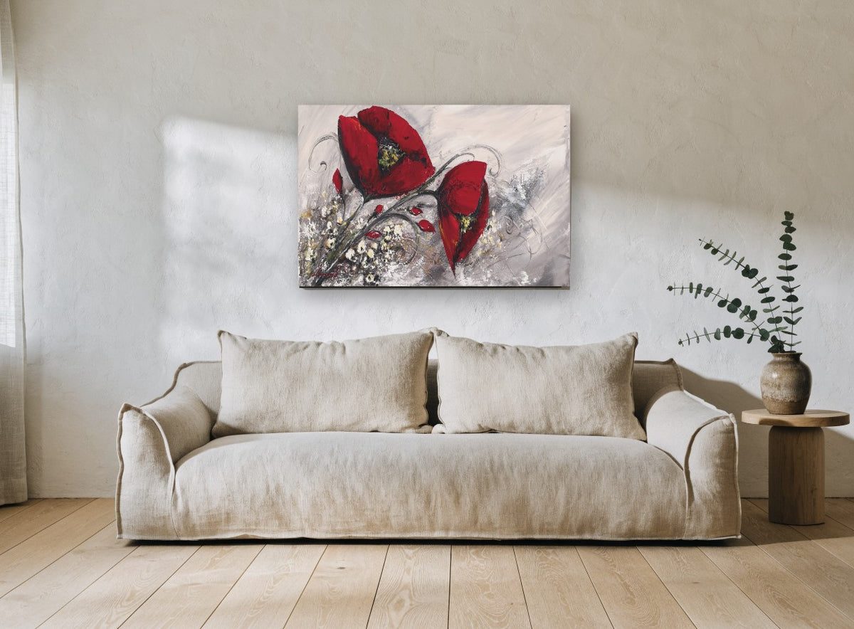 Crimson Poppies on Grey floral canvas print on the wall of a living room