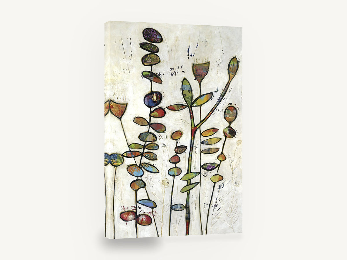 Patchwork Stem Garden, abstract collage botanical stems, floral canvas wall art print ready to hang