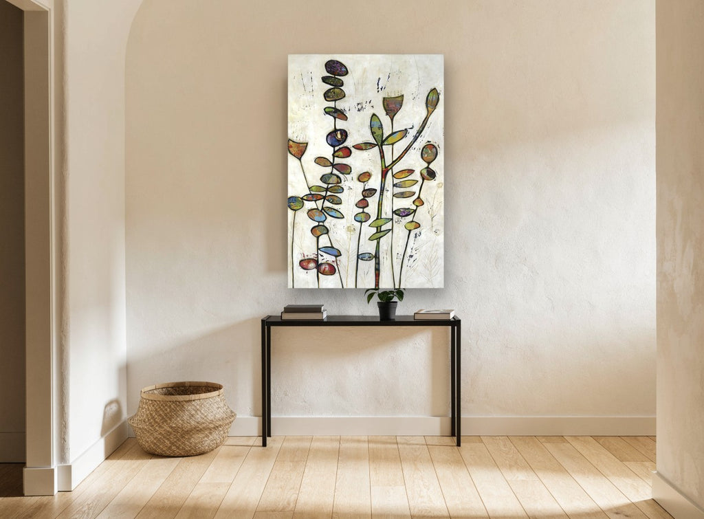 Patchwork Stem Garden floral canvas print on the wall of a hallway