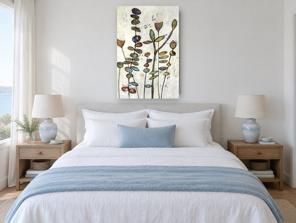 Patchwork Stem Garden floral canvas print on the wall of a coastal bedroom