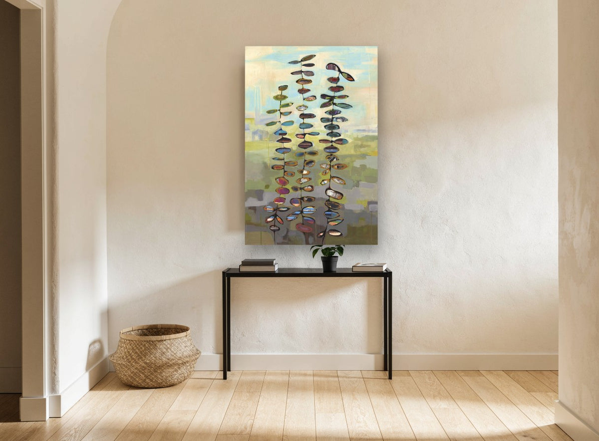 Rising Leaf Stems floral canvas print on the wall of a hallway