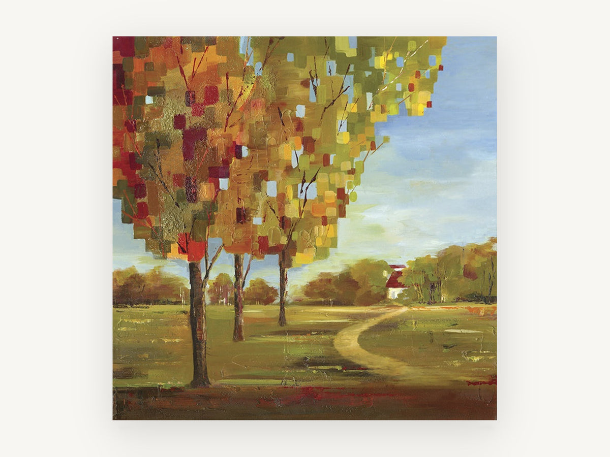 Autumn Mosaic Path, autumn trees path abstract landscape, landscape canvas wall art print, front view