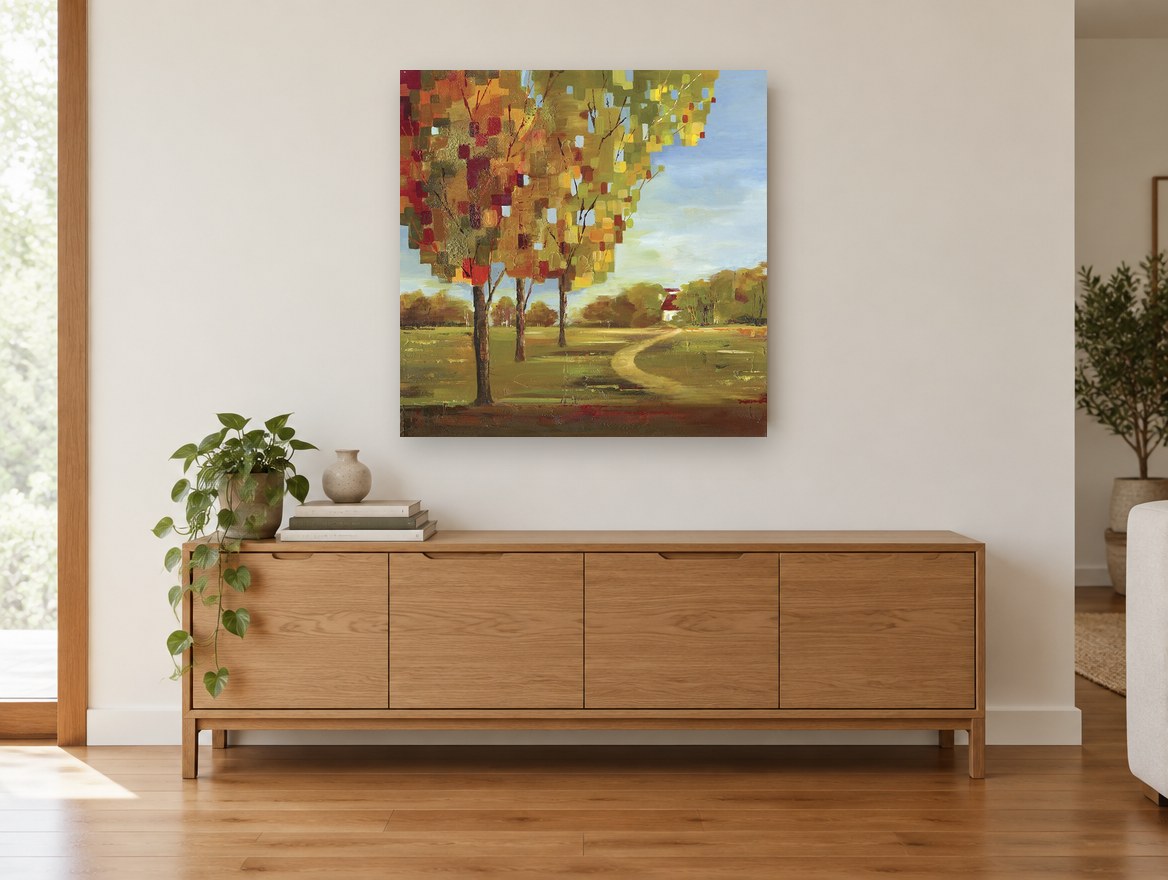 Autumn Mosaic Path landscape canvas print on the wall of a living room above a sideboard
