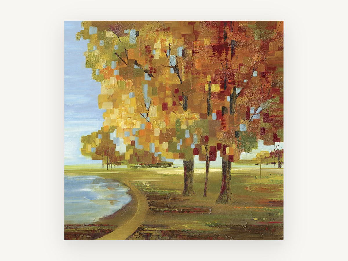 Autumn Mosaic Park, autumn trees lakeside path landscape, landscape canvas wall art print, front view
