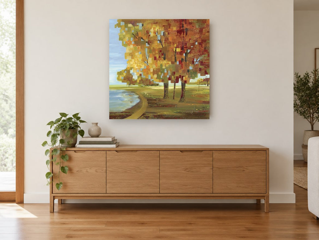 Autumn Mosaic Park landscape canvas print on the wall of a living room above a sideboard