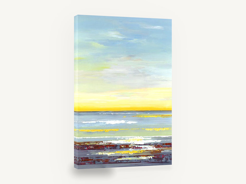Golden Shoreline Haze, yellow horizon coastal seascape painting, landscape canvas wall art print ready to hang