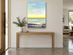 Golden Shoreline Haze landscape canvas print on the wall of a entry hall