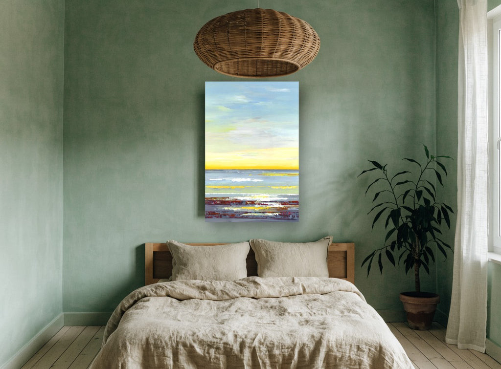 Golden Horizon Shoreline coastal canvas print on the wall of a bedroom