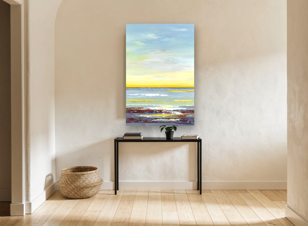 Golden Horizon Shoreline coastal canvas print on the wall of a hallway