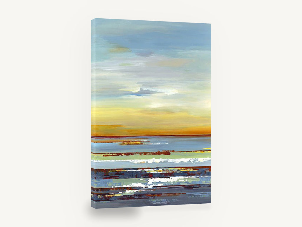Amber Horizon Bands, amber sunset horizon abstract seascape, coastal canvas wall art print ready to hang