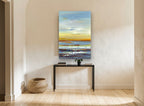 Amber Horizon Bands coastal canvas print on the wall of a hallway