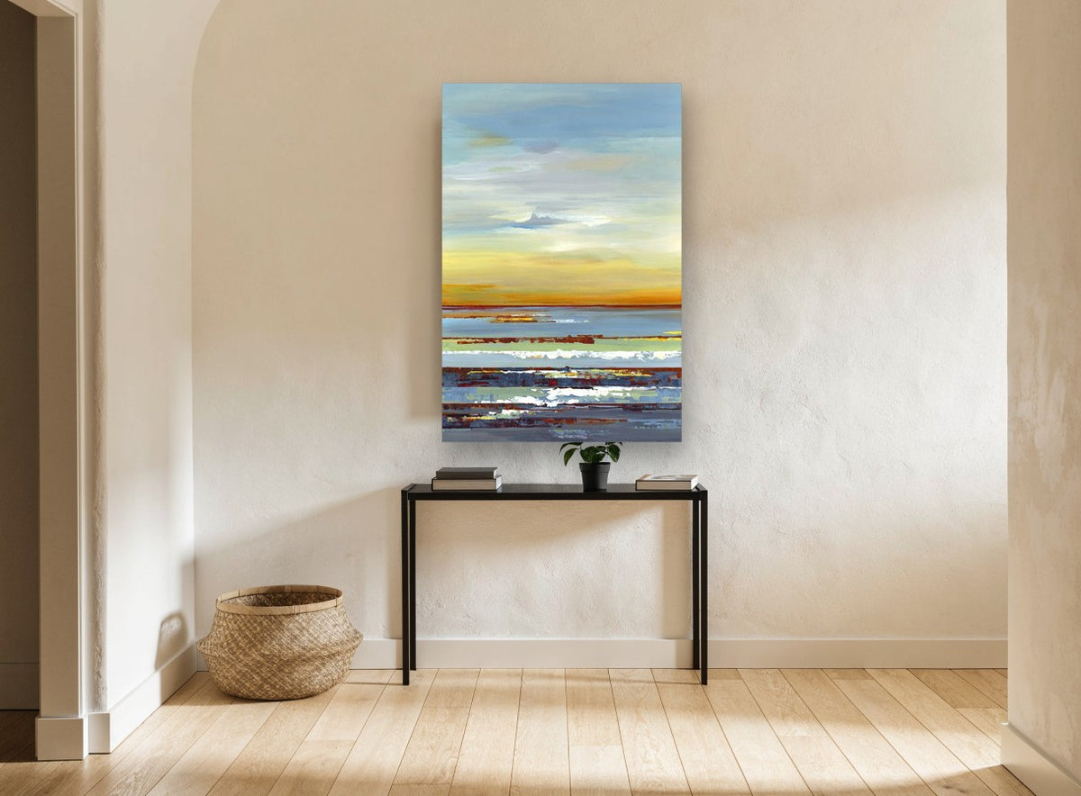 Amber Horizon Bands coastal canvas print on the wall of a hallway
