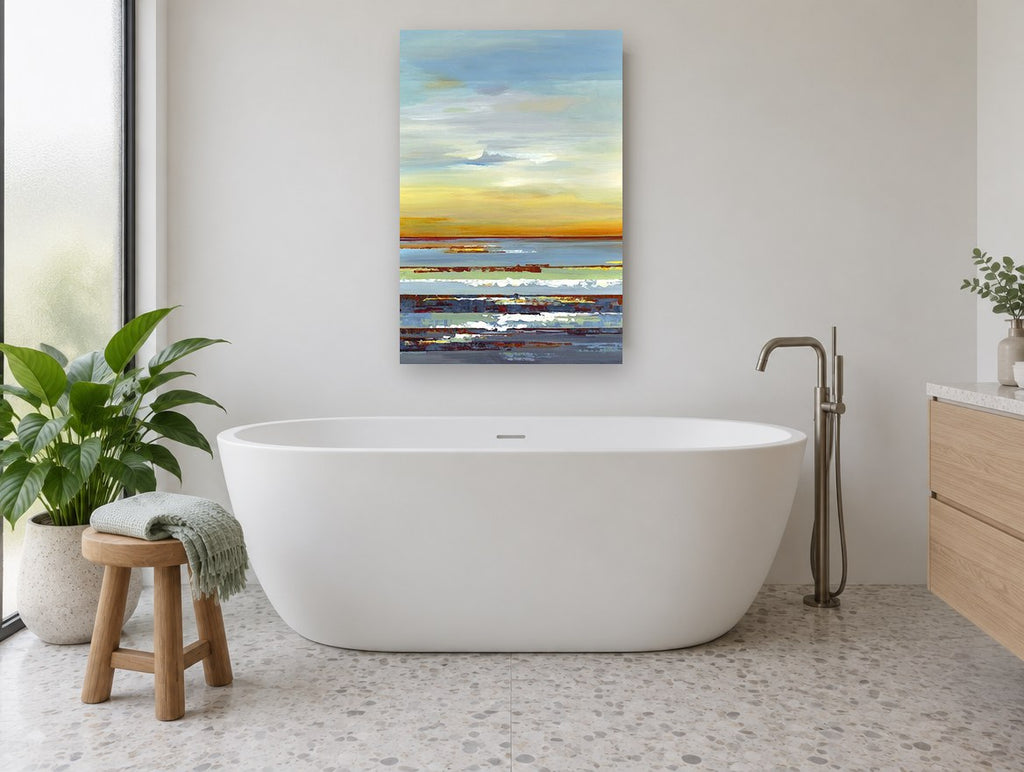 Amber Horizon Bands coastal canvas print on the wall of a bathroom
