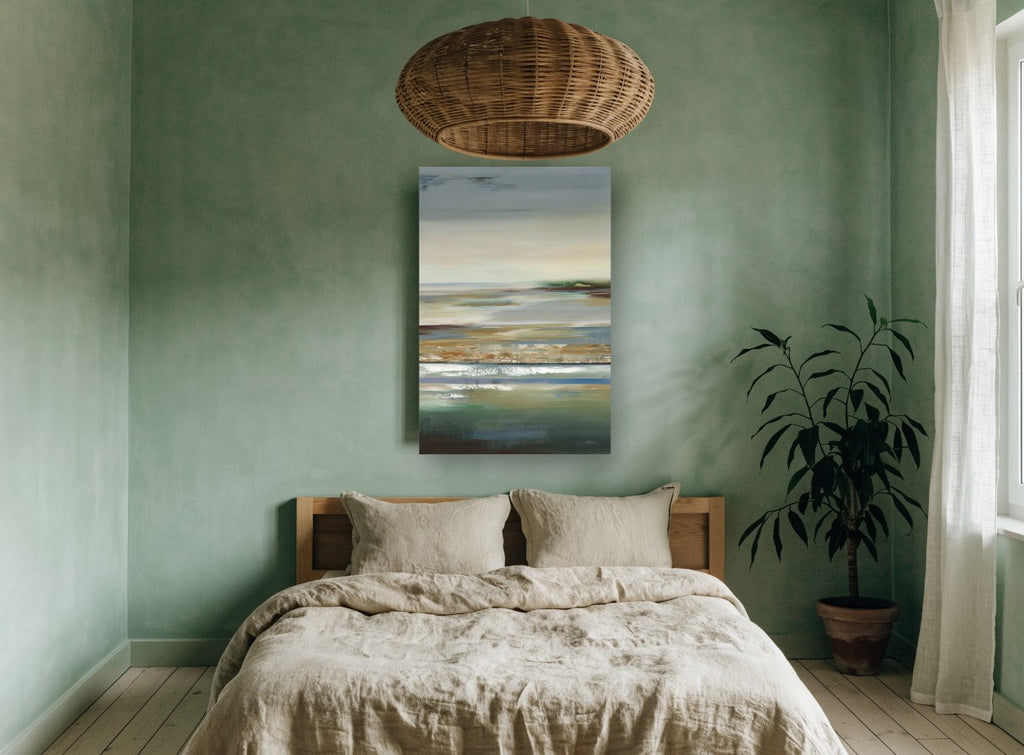 Quiet Tidal Flats coastal canvas print on the wall of a bedroom