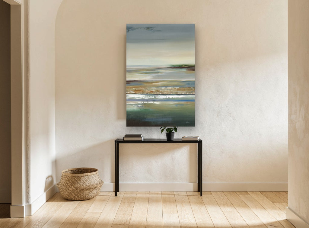 Quiet Tidal Flats coastal canvas print on the wall of a hallway