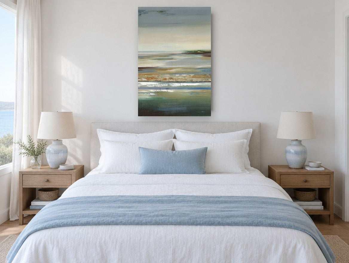 Quiet Tidal Flats coastal canvas print on the wall of a coastal bedroom