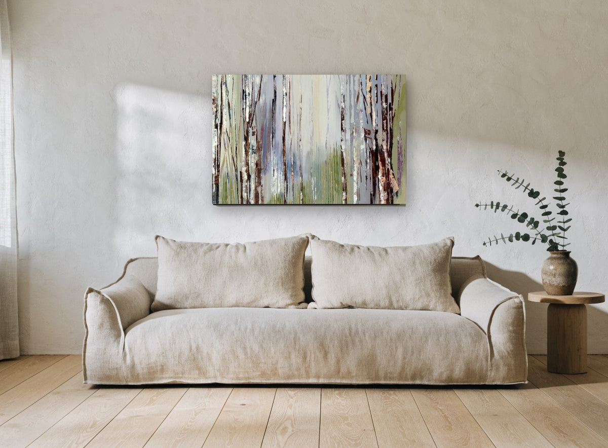 Misty Birch Hollow floral canvas print on the wall of a living room