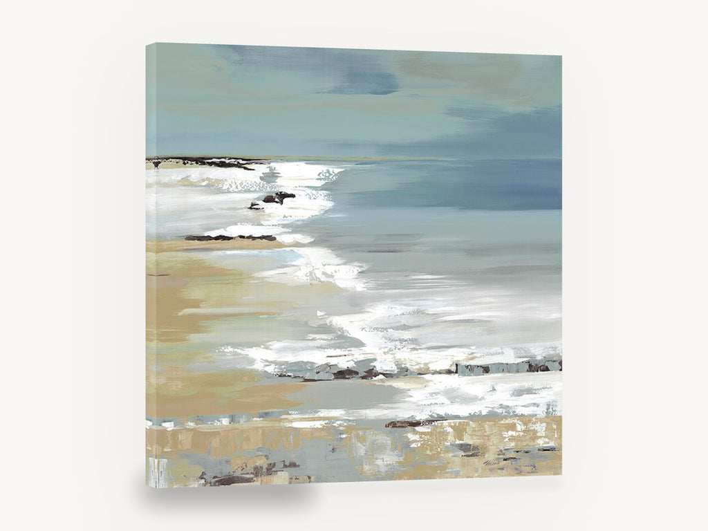 Misty Shore Surf, blue grey coastal seascape painting, coastal canvas wall art print ready to hang