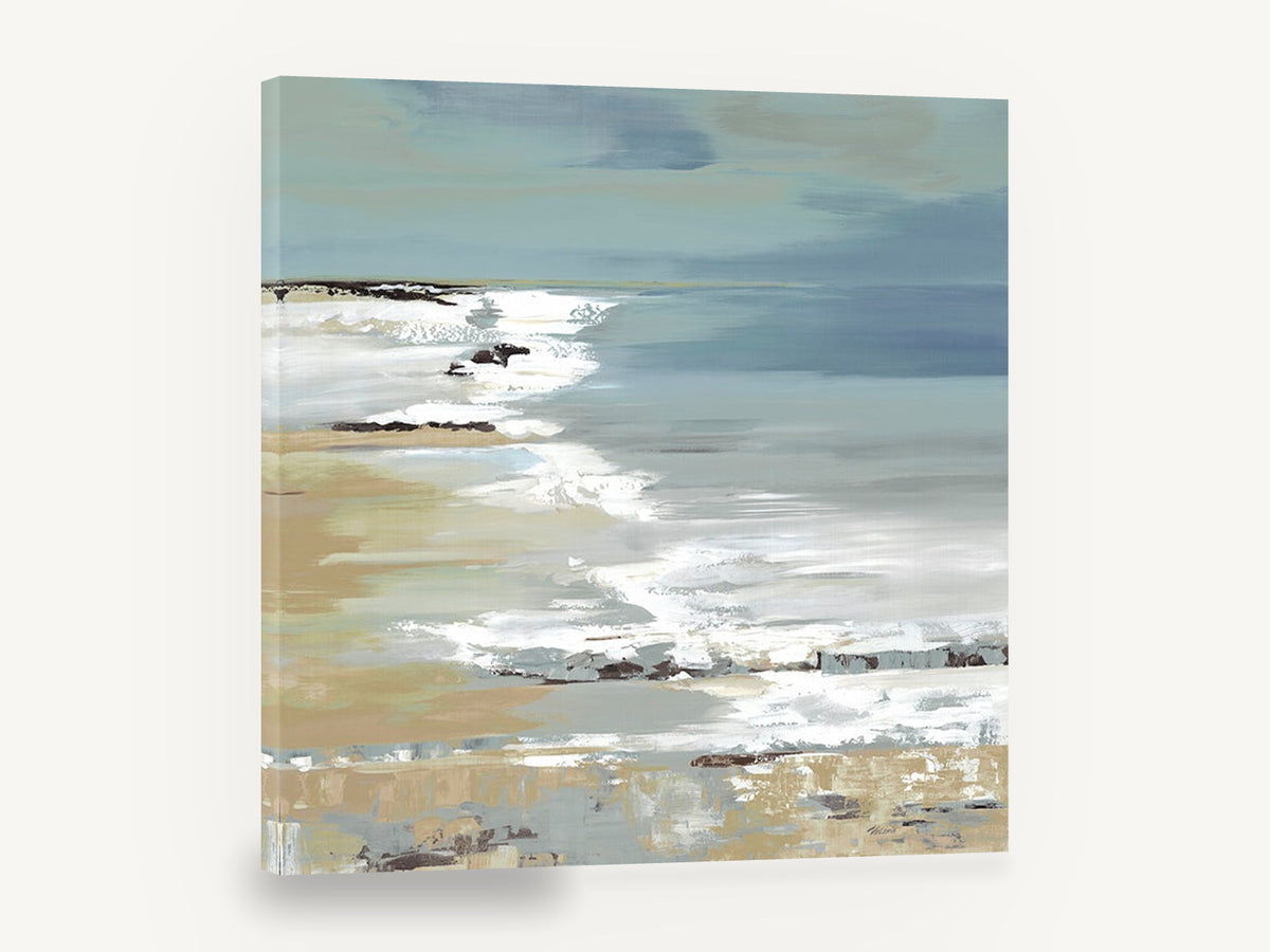 Misty Shore Surf, blue grey coastal seascape painting, coastal canvas wall art print ready to hang