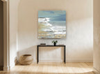 Misty Shore Surf coastal canvas print on the wall of a hallway