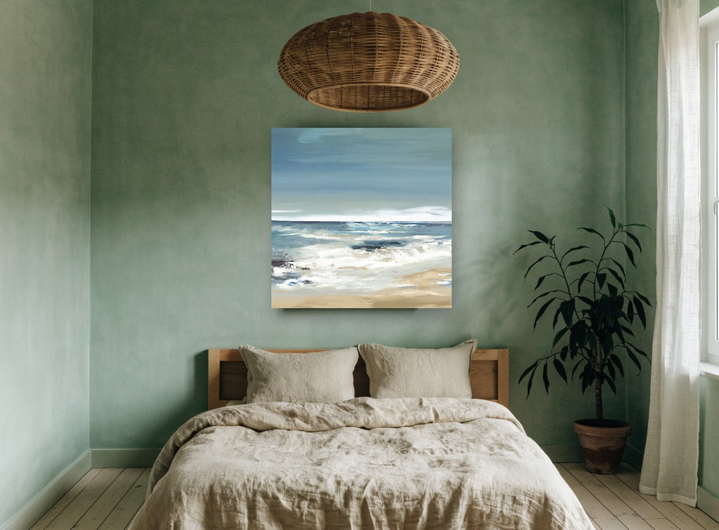 Quiet Shore Break coastal canvas print on the wall of a bedroom