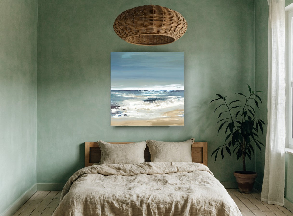 Quiet Shore Break coastal canvas print on the wall of a bedroom