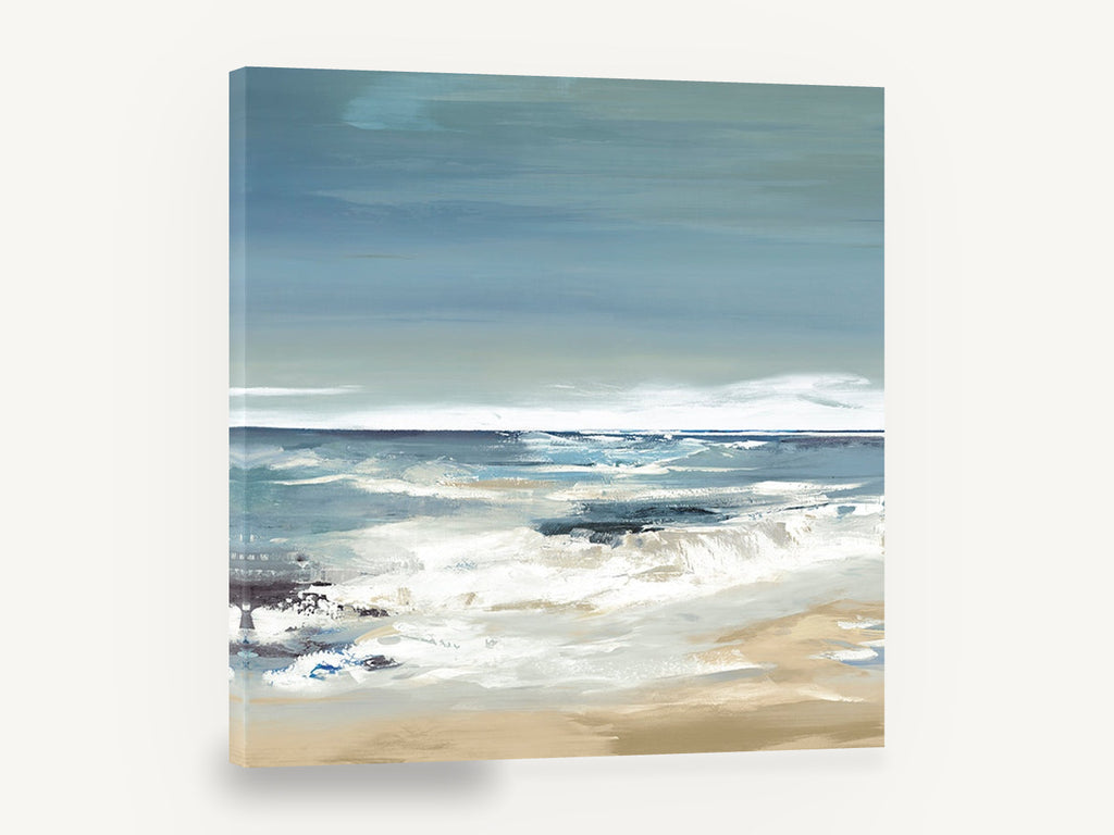 Quiet Shore Break, blue grey seascape wave artwork, coastal canvas wall art print ready to hang