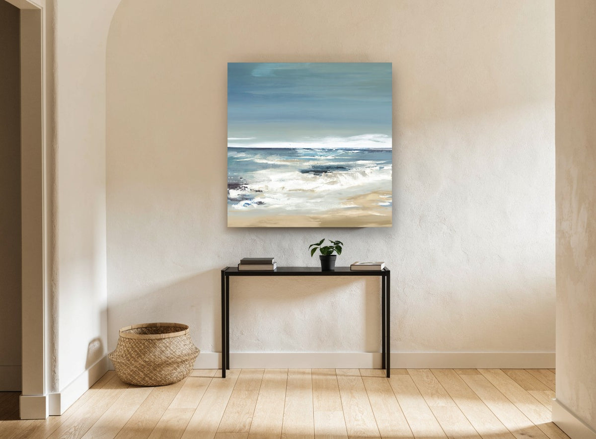 Quiet Shore Break coastal canvas print on the wall of a hallway