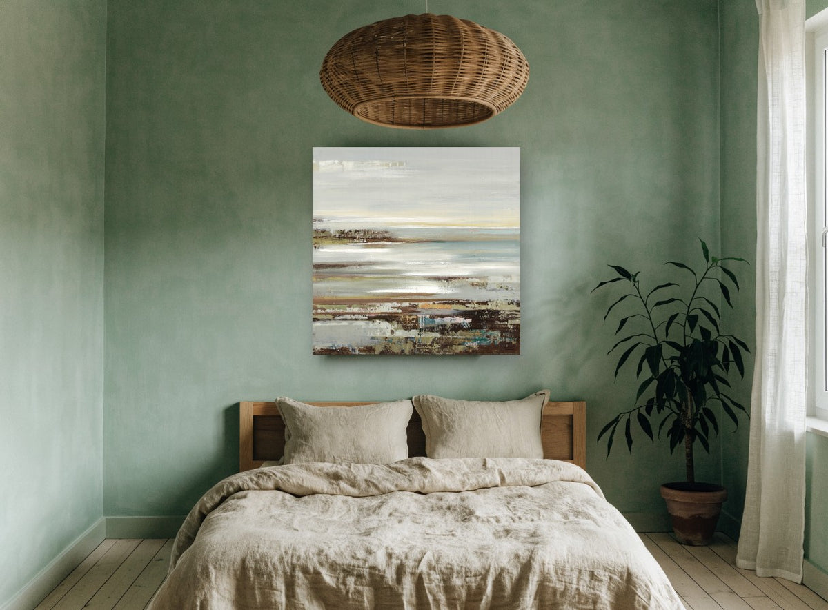 Misty Shoreline Strata coastal canvas print on the wall of a bedroom