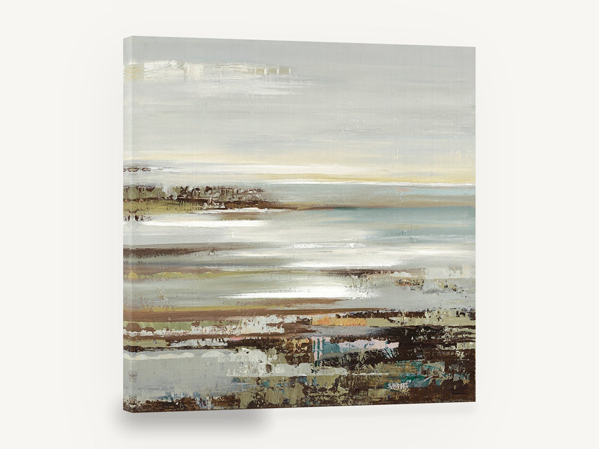 Misty Shoreline Strata, abstract coastal shoreline landscape, coastal canvas wall art print ready to hang