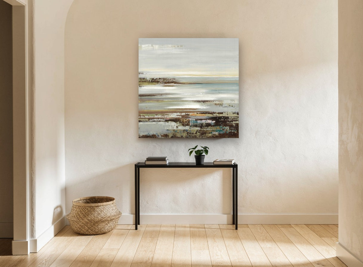 Misty Shoreline Strata coastal canvas print on the wall of a hallway